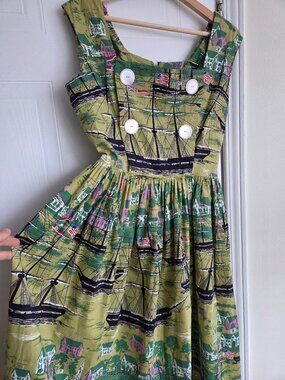 RARE 50s Sailboat Novelty Print Dress | Full Skirt Cotton Medium
